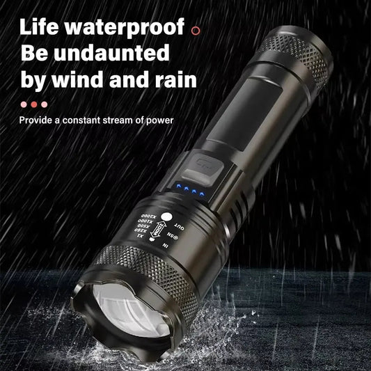 Waterproof TurboBeam 2000 Tactical Flashlight shining under rain with text "Life waterproof, be undaunted by wind and rain".