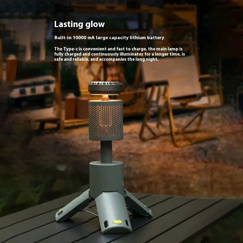 Telescopic camping lantern extended on a table with text 'Lasting glow' highlighting its large battery capacity