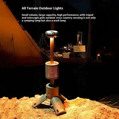 Telescopic camping lantern illuminating a campsite near a tent, described as an all terrain outdoor light with tripod.