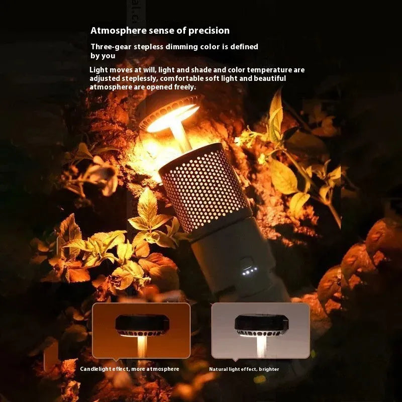 Telescopic camping lantern glowing among autumn leaves with text describing atmosphere sense of precision and two panels comparing candlelight vs natural light effect.