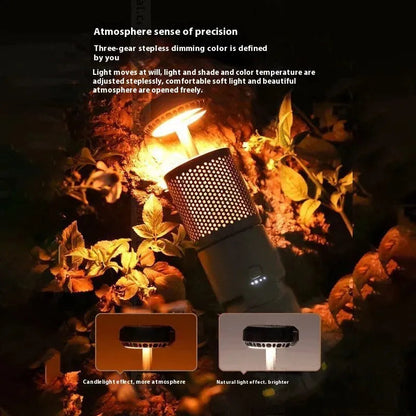 Telescopic camping lantern glowing among autumn leaves with text describing atmosphere sense of precision and two panels comparing candlelight vs natural light effect.