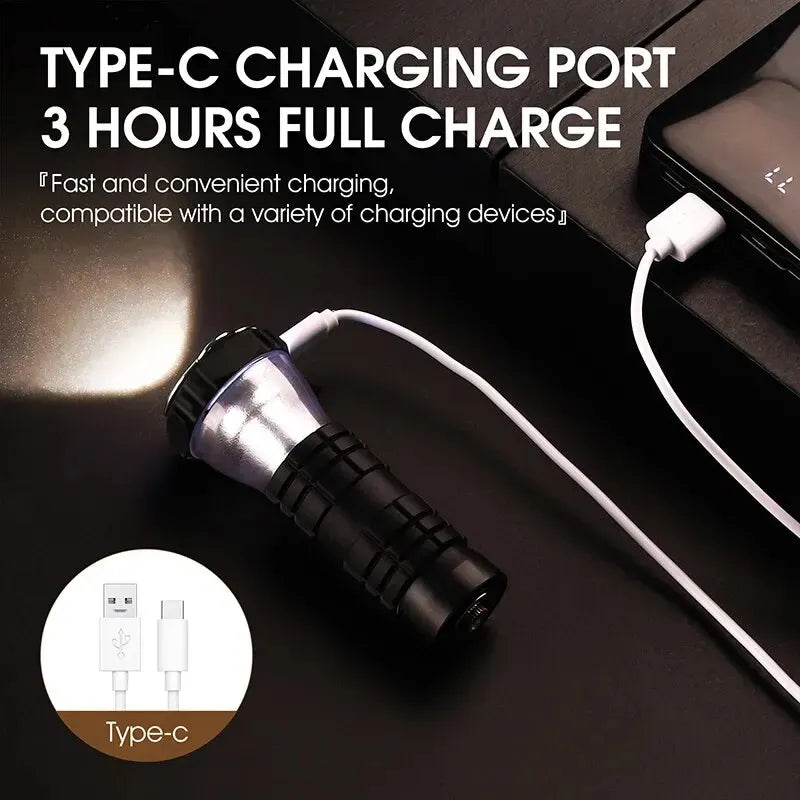 Diagram showing Type-C charging port for the camping light with a flashlight connected by USB cable indicating a 3-hour full charge