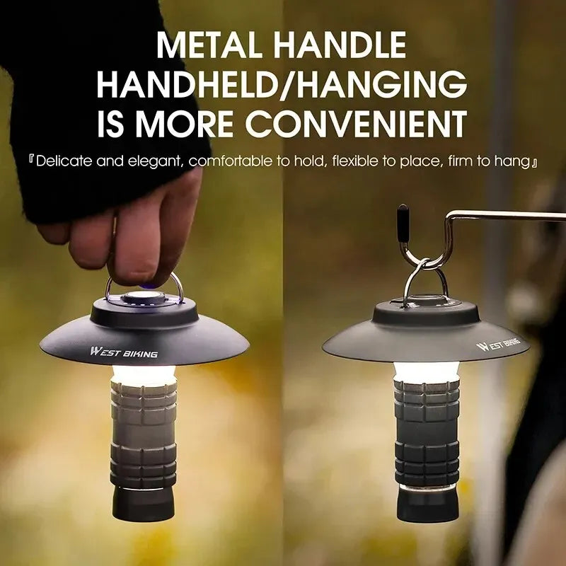 Metal handle handheld/hanging camping light with ergonomic grip and stable hook
