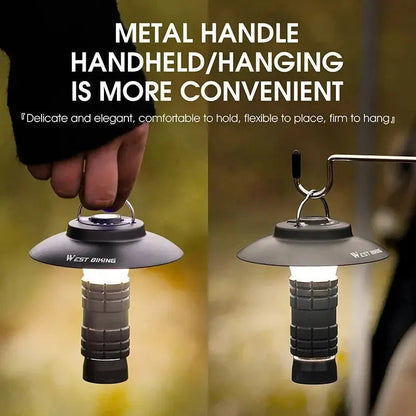 Metal handle handheld/hanging camping light with ergonomic grip and stable hook