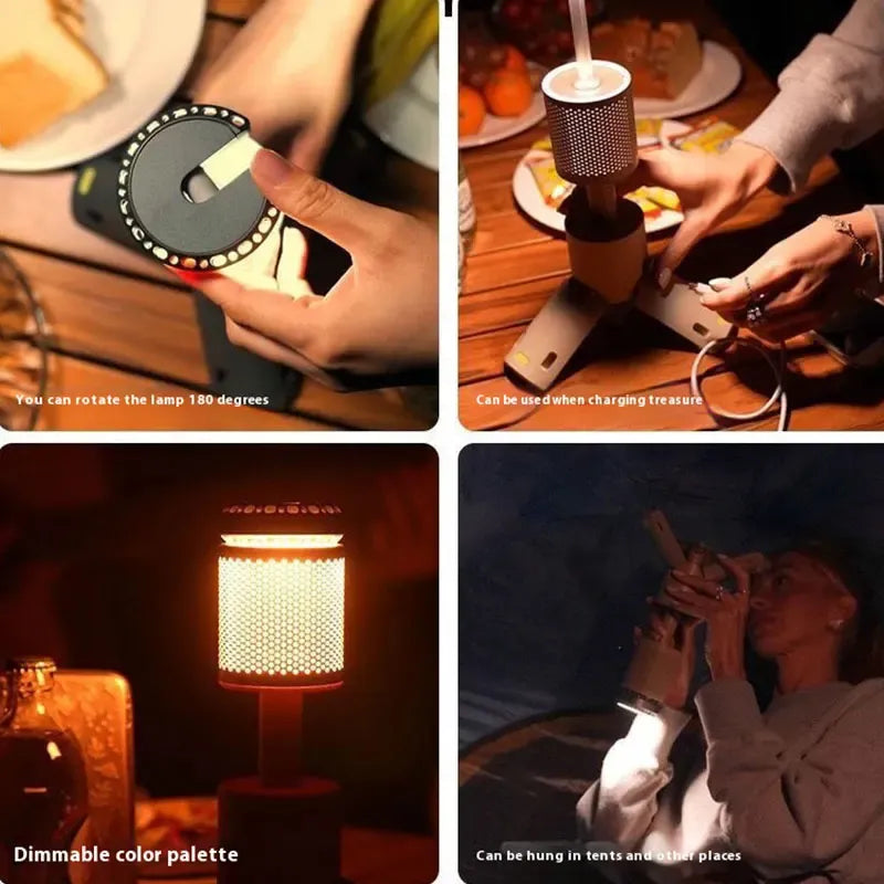 Collage of four images showcasing the telescopic camping lantern: rotating 180 degrees, used while charging devices, dimmable color palette, and hanging in tents or used by a person.