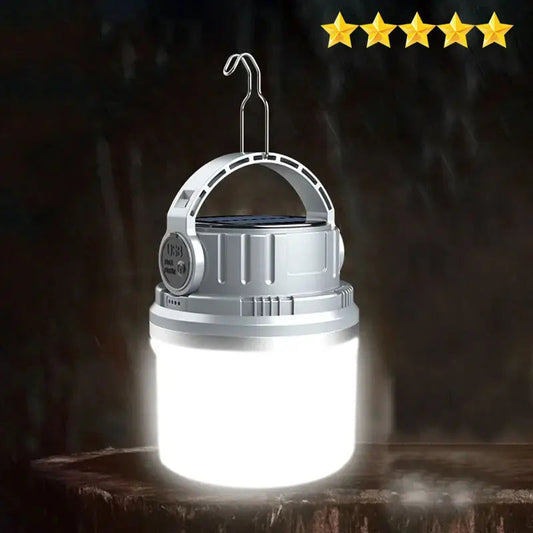 LED Adventure Light shining brightly on a wooden stump with hanging handle and five-star rating graphic