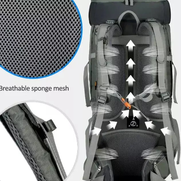 Diagram highlighting the breathable sponge mesh back panel and airflow features of the 75L Adventure Rucksack