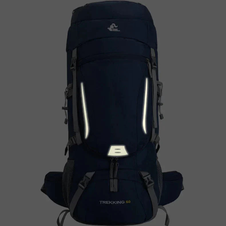 Front view of the dark-colored 75L Adventure Rucksack with reflective strips, large storage pockets and adjustable straps