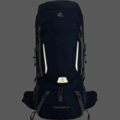 Front view of the dark-colored 75L Adventure Rucksack with reflective strips, large storage pockets and adjustable straps