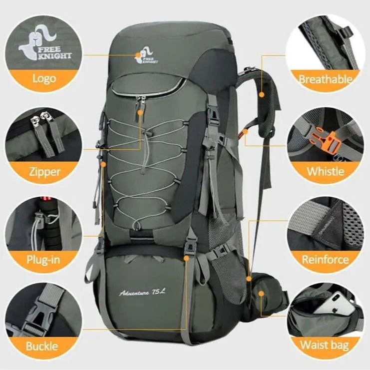 Annotated diagram of the 75L Adventure Rucksack highlighting features such as breathable material, zipper, buckle, whistle and waist bag