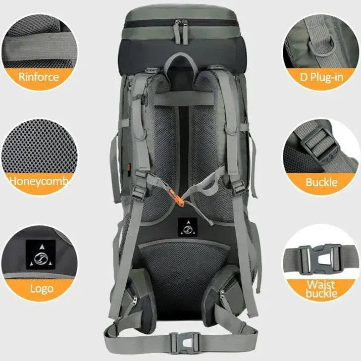 Annotated back view of the 75L Adventure Rucksack highlighting reinforced shoulder straps, breathable honeycomb mesh, D plug-in, chest buckle and waist buckle features