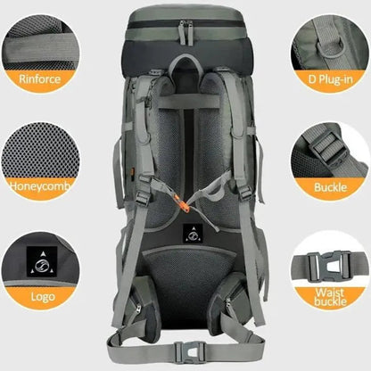 Annotated back view of the 75L Adventure Rucksack highlighting reinforced shoulder straps, breathable honeycomb mesh, D plug-in, chest buckle and waist buckle features