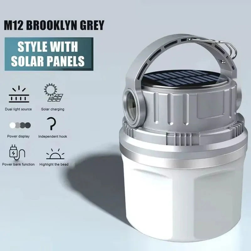 Infographic of LED Adventure Light M12 Brooklyn Grey showing features such as dual light source, solar panels, power display, independent hook, power bank function, and highlight bead