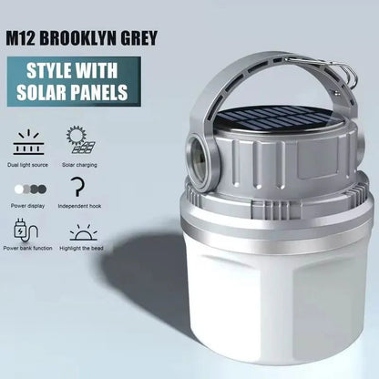 Infographic of LED Adventure Light M12 Brooklyn Grey showing features such as dual light source, solar panels, power display, independent hook, power bank function, and highlight bead