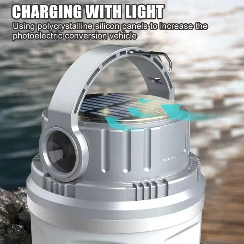 Illustration of the LED Adventure Light's solar charging feature with polycrystalline silicon panels and arrows showing photoelectric conversion