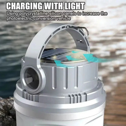 Illustration of the LED Adventure Light's solar charging feature with polycrystalline silicon panels and arrows showing photoelectric conversion